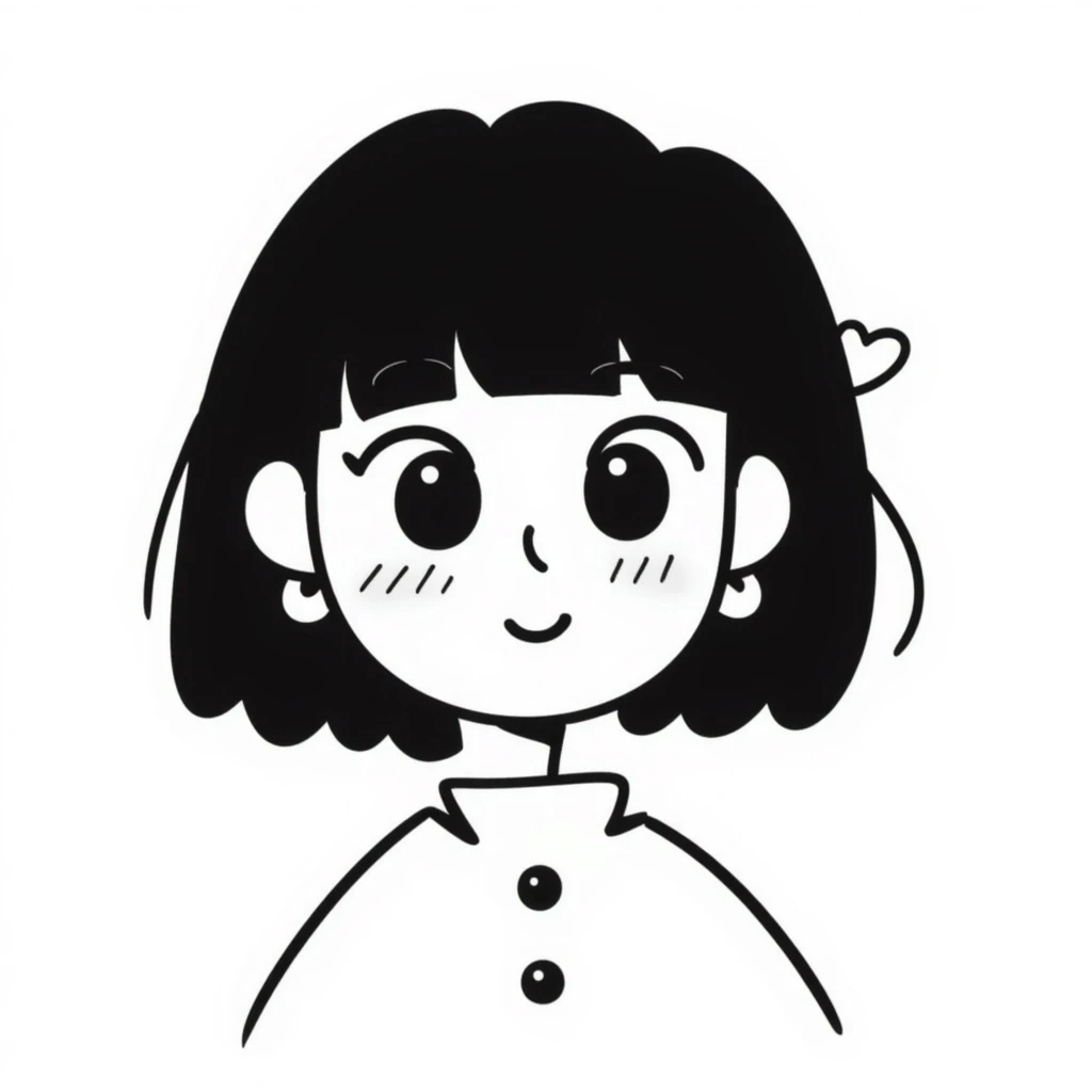 cute girl with blunt bangs, mid-short hair, big eyes, hand-drawn doodle style, heart-shaped accessories, sweet kawaii expression emoji