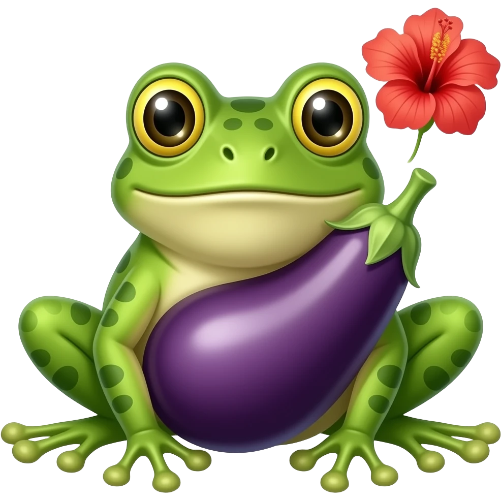 A frog with a big eggplant at the spot of penis and an hibiscus on the right to the upper side of eggplant emoji