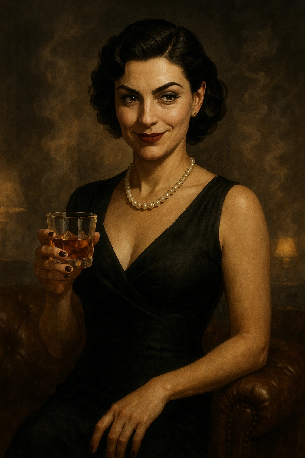 mafia boss, female, elegant dress, pearl necklace, sly smile, holding a glass of whiskey, smoky lounge background emoji