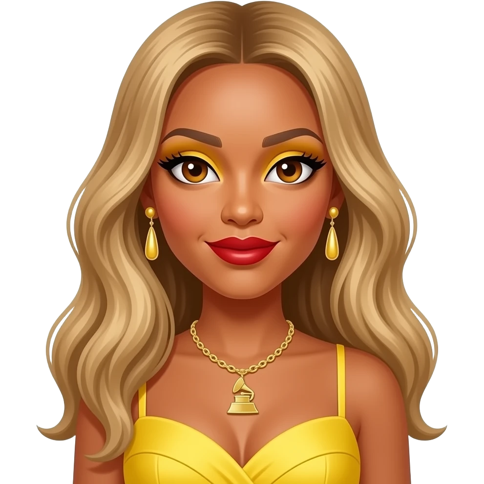 Beyonce with hazel eyes, long strawberry blonde hair, yellow eyeshadow, red lipstick, yellow grammy dress, earrings and necklace emoji