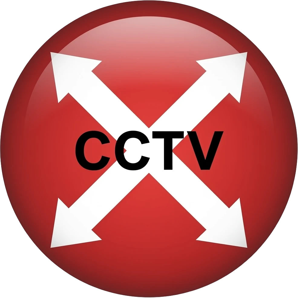 Red filled circle with white X and arrow on all end points on the X white circle in the middle. Biggest CCTV word in the centre in black emoji