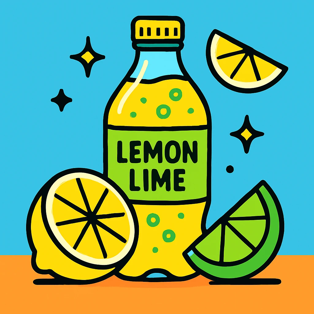 clean, vibrant color cartoon illustration of a bottle of lemon-lime soda with lemon and lime wedges, TikTok-inspired, minimal, bold, and modern emoji