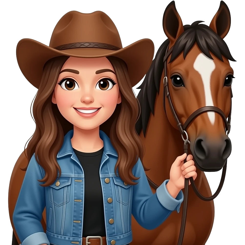 Girl with long brown hair, with black eyes, smiling, wearing a denim jacket and black shirt and brown cowgirl hat, next to her brown horse that has a white spot on her forehead. emoji