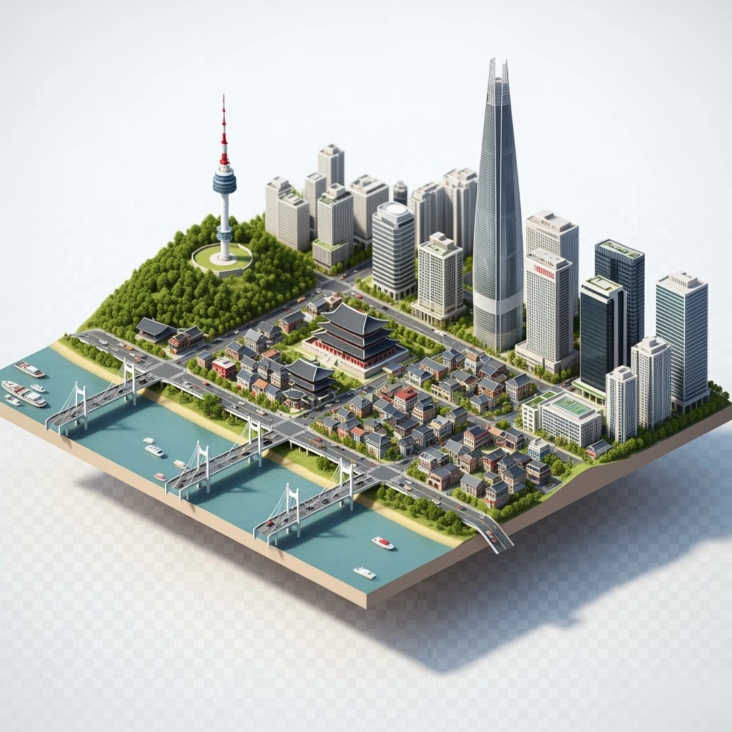 Isometric diorama of Seoul typical houses, Namsan Seoul Tower, Gyeongbokgung Palace, Lotte World Tower, Dongdaemun Design Plaza, and Han River bridges, 3D miniature effect and Tilt Shift effect, no cartoonish look, transparent background. emoji