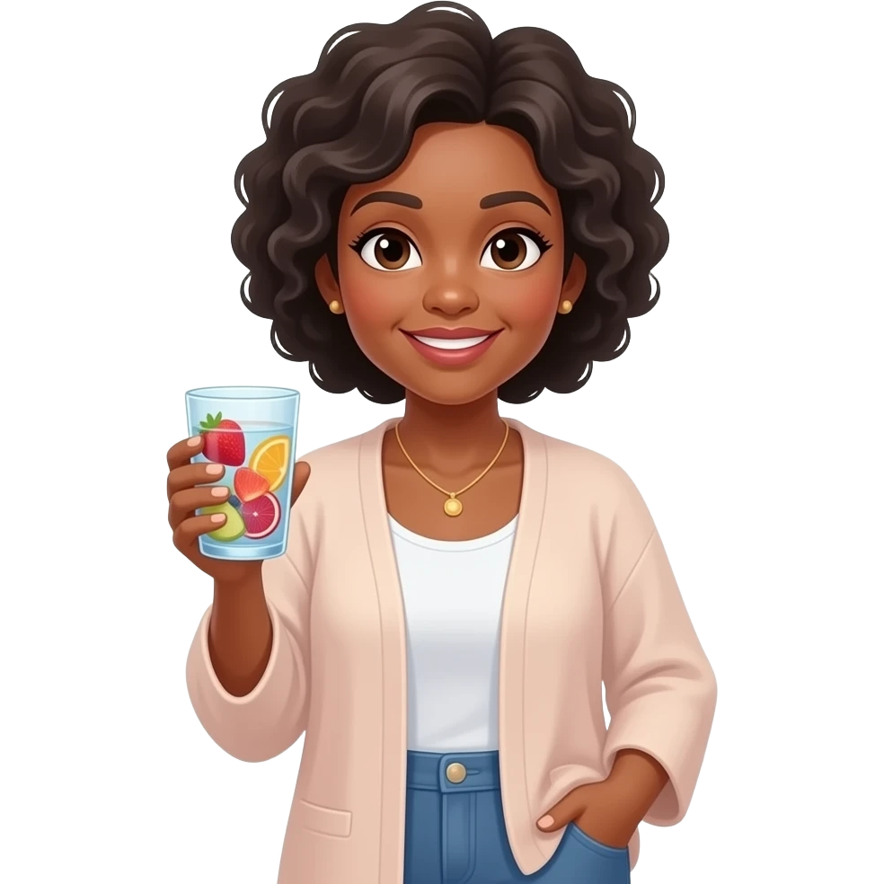 BALD AFRICAN AMERICAN WOMAN N HER 50S IN FLOWY CARDIGAN HOLDING A CUP OF FRUIT INFUSED WATER emoji