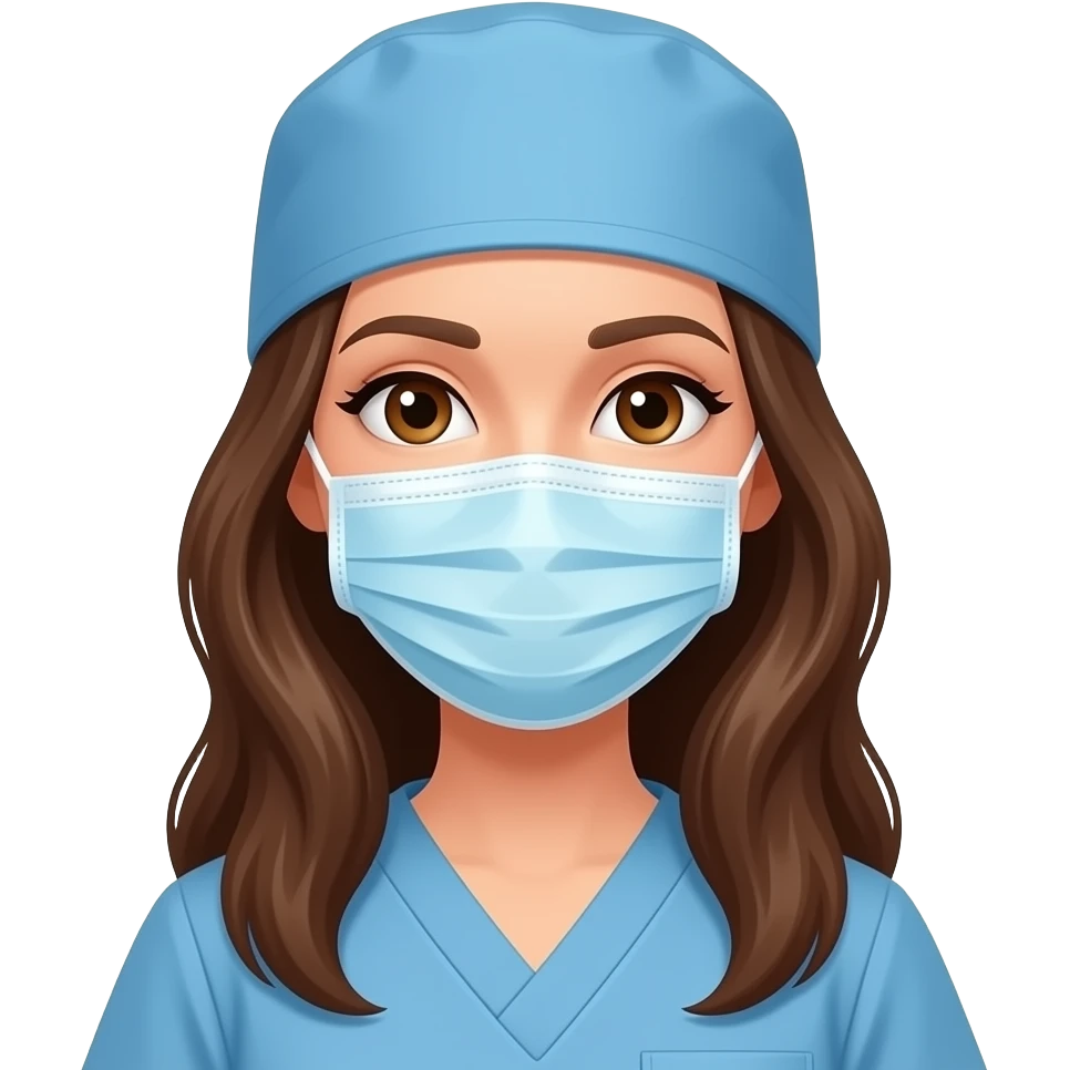 Surgical tech women with brown eyes and brown long hair with a cap on and mask emoji