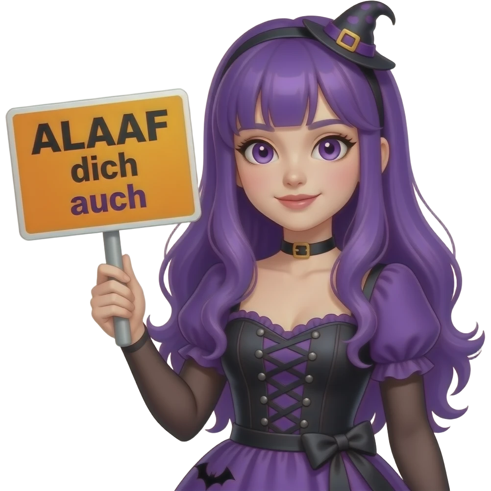 sexy girl with long purple hair and purple eyes wearing a halloween dress holding a ALAAF dich auch sign emoji