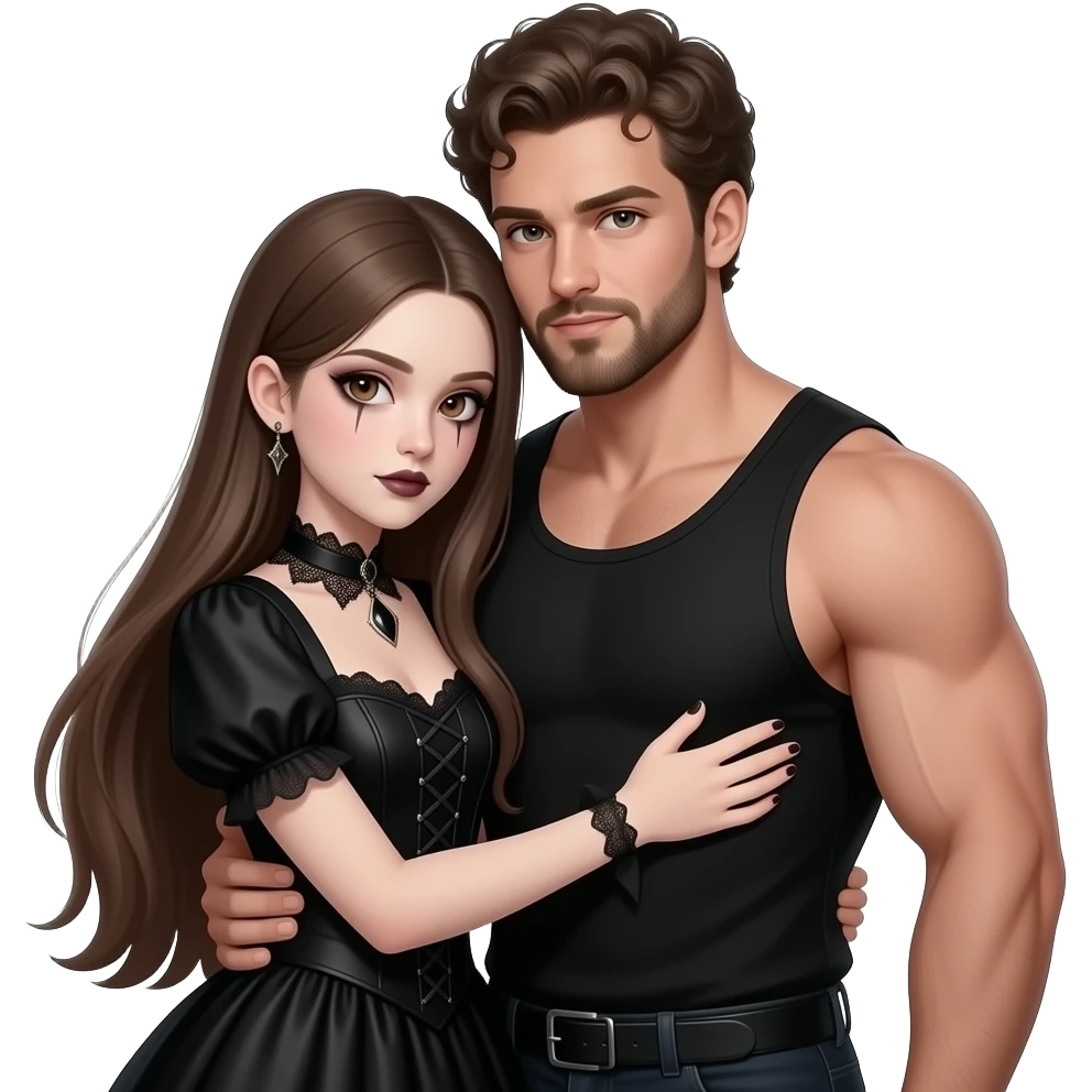 realistic pretty pale skin long straight brown hair girl brown eyes long face wearing gothic dress and gothic makeup HD and her muscular man short brown curly hair and beard hugging emoji