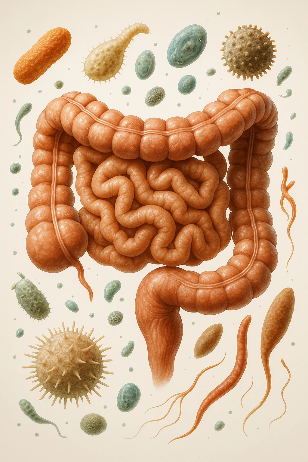 INTESTINO UMANO ANATOMICO CON BATTERI E PARASSITI INTORNO, SFONDO CHIARO NEUTRO, IPERREALISTICO 4K emoji