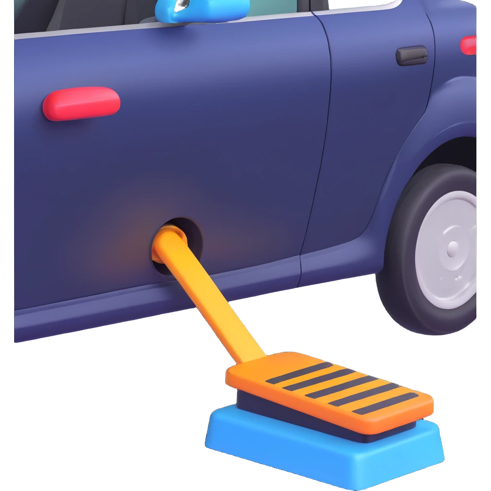A simple 2D emoji-style illustration of a right foot pressing down on a car gas pedal. The pedal is labeled with “GO” and motion lines show acceleration. Bright, clean cartoon style with clear shapes and bold colors. emoji