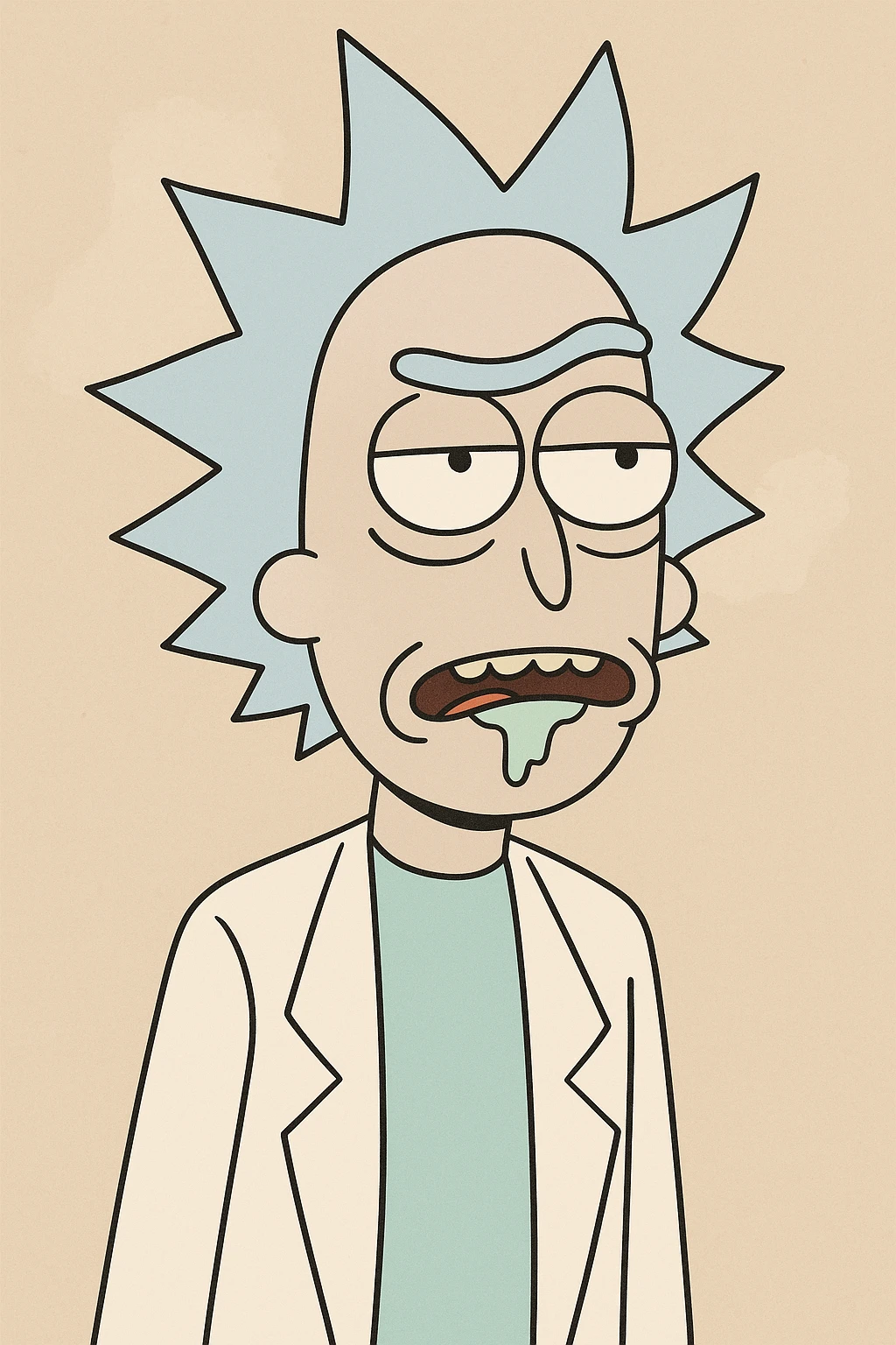 Rick Sanchez from Rick and Morty, spiky blue hair, lab coat, drooling, cartoon style emoji