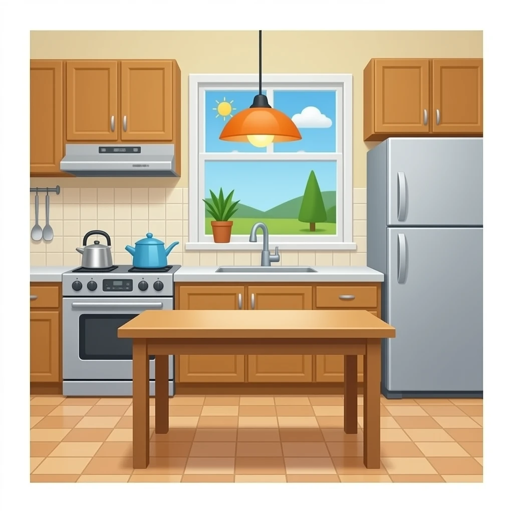 a room for cooking with an ampty table in the middle emoji