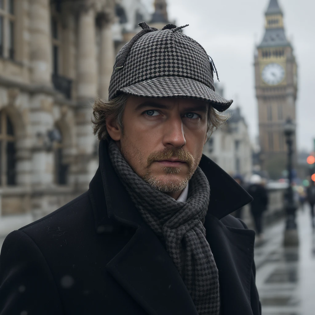 Sherlock Holmes, modern interpretation, sharp suit, London city background emoji