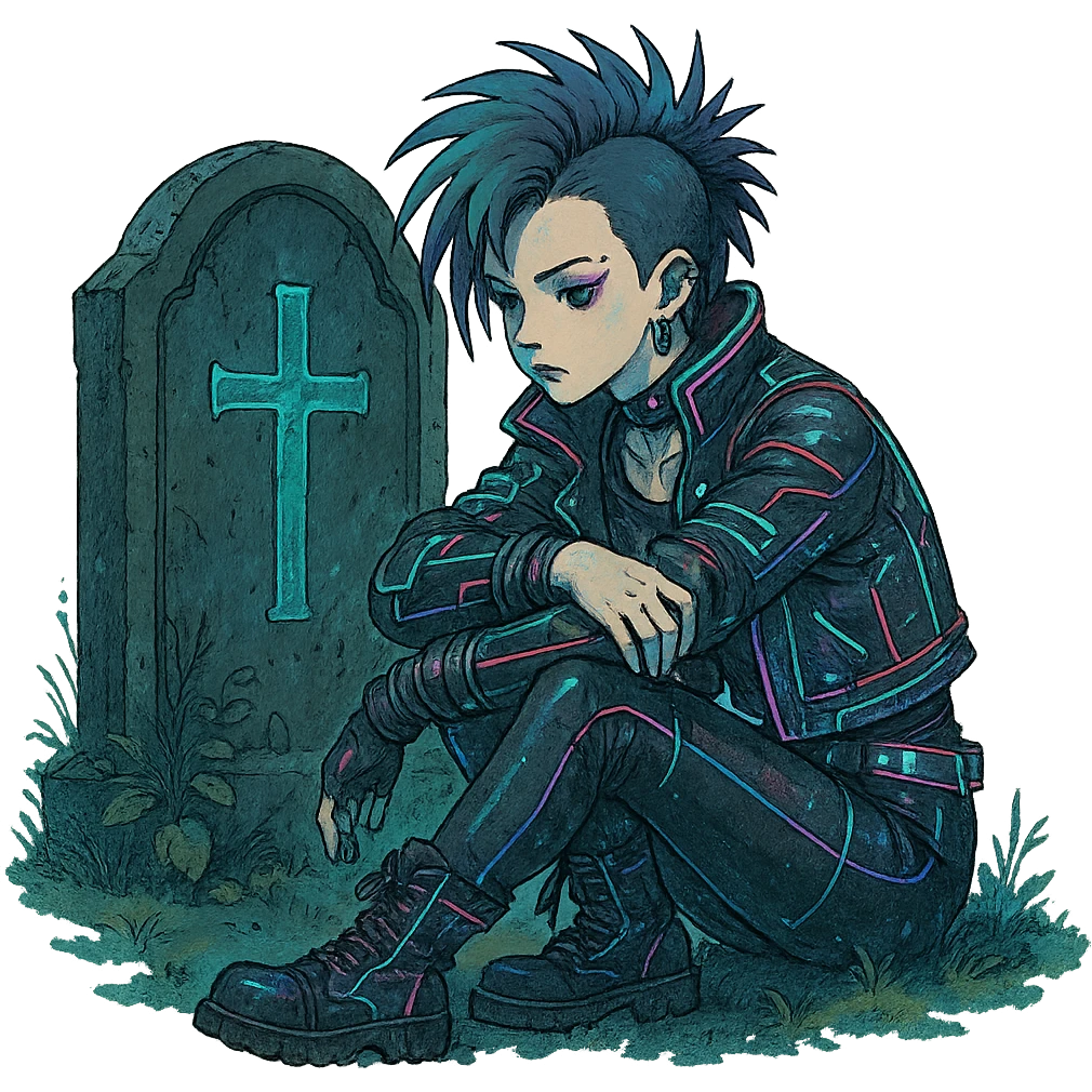  [[[a lonesome tombstone in a graveyard]]], , punk gothic style, futuristic cyberwave cyberpunk, sitting position
 emoji