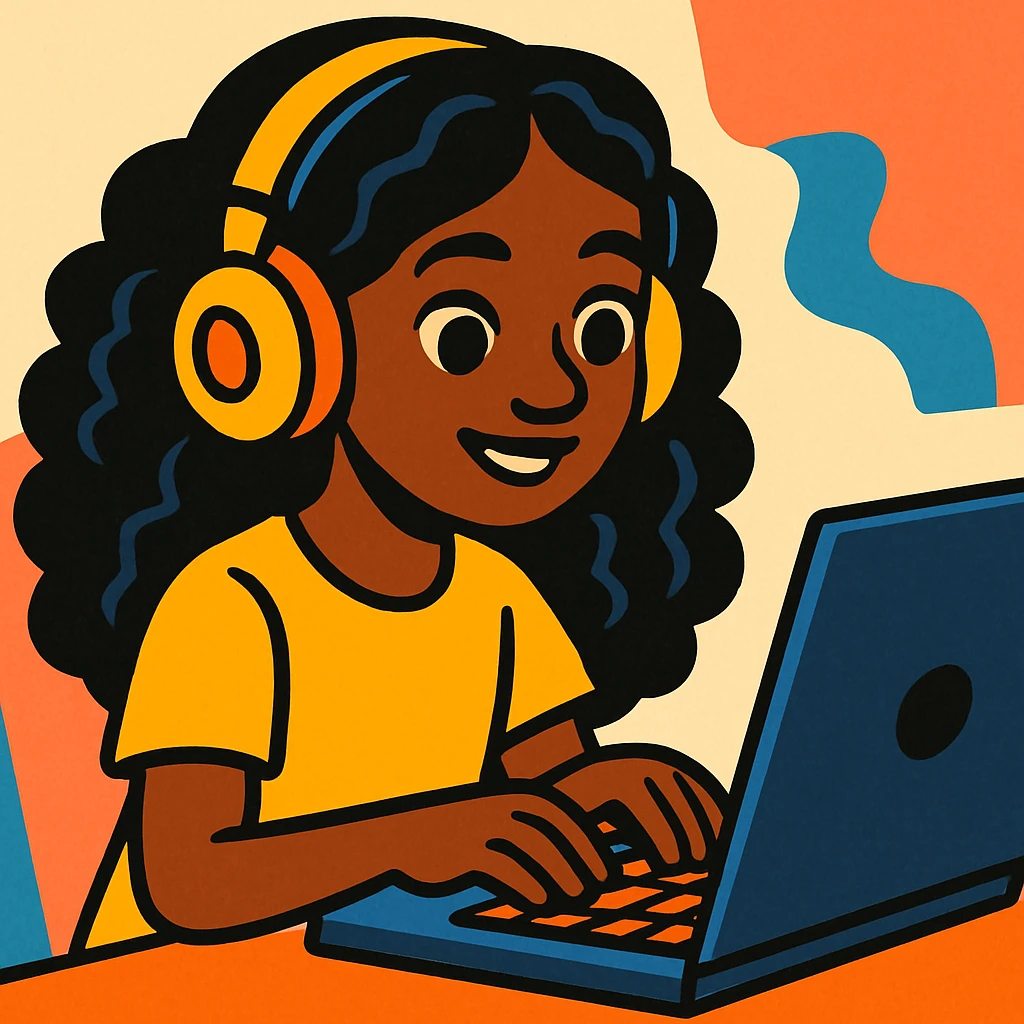 dark skin African American girl with long curly black hair, yellow shirt, headphones, typing at a laptop, vibrant cartoon style emoji
