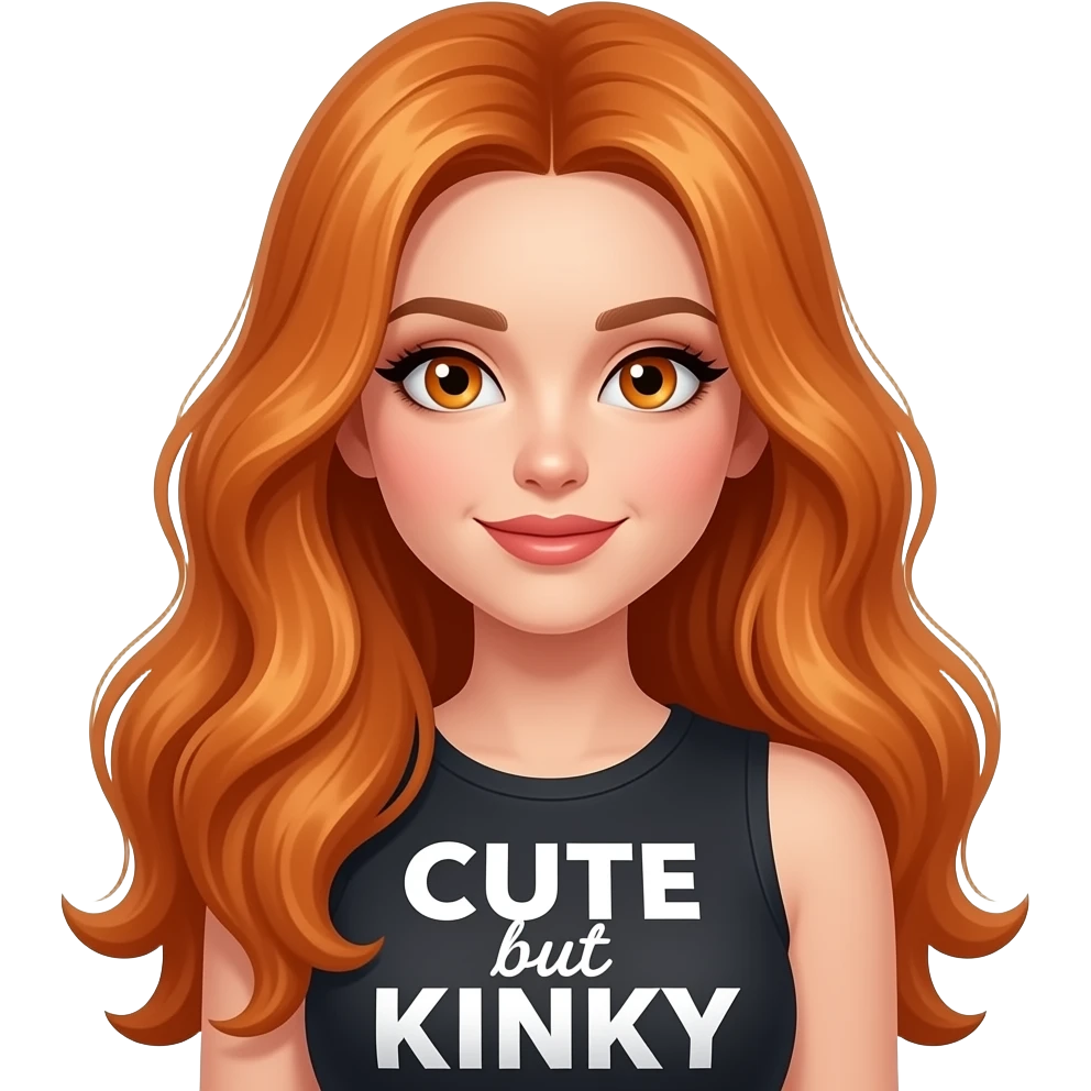 sexy girl with overlong ginger hair and ginger eyes a top with CUTE but KINKY written on it emoji