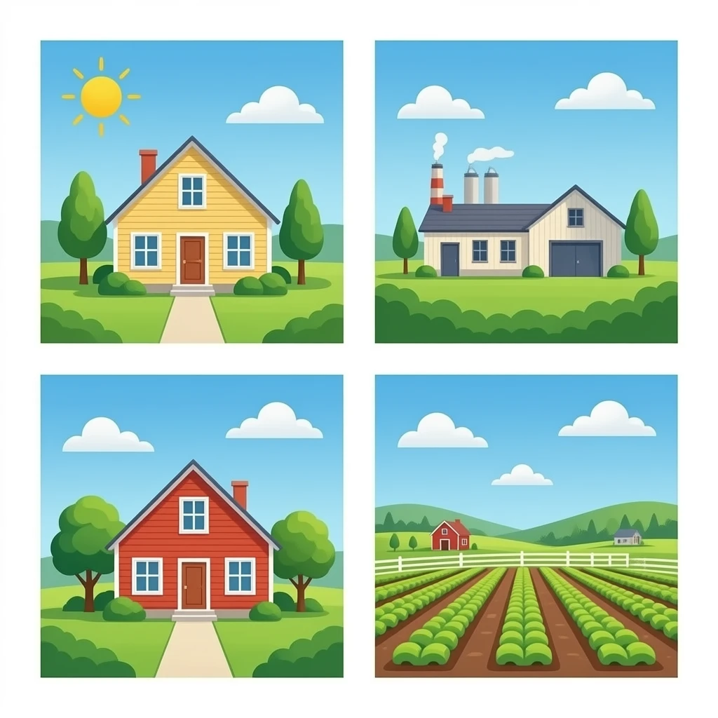 Picture collage of a house, factory, farm, plot emoji
