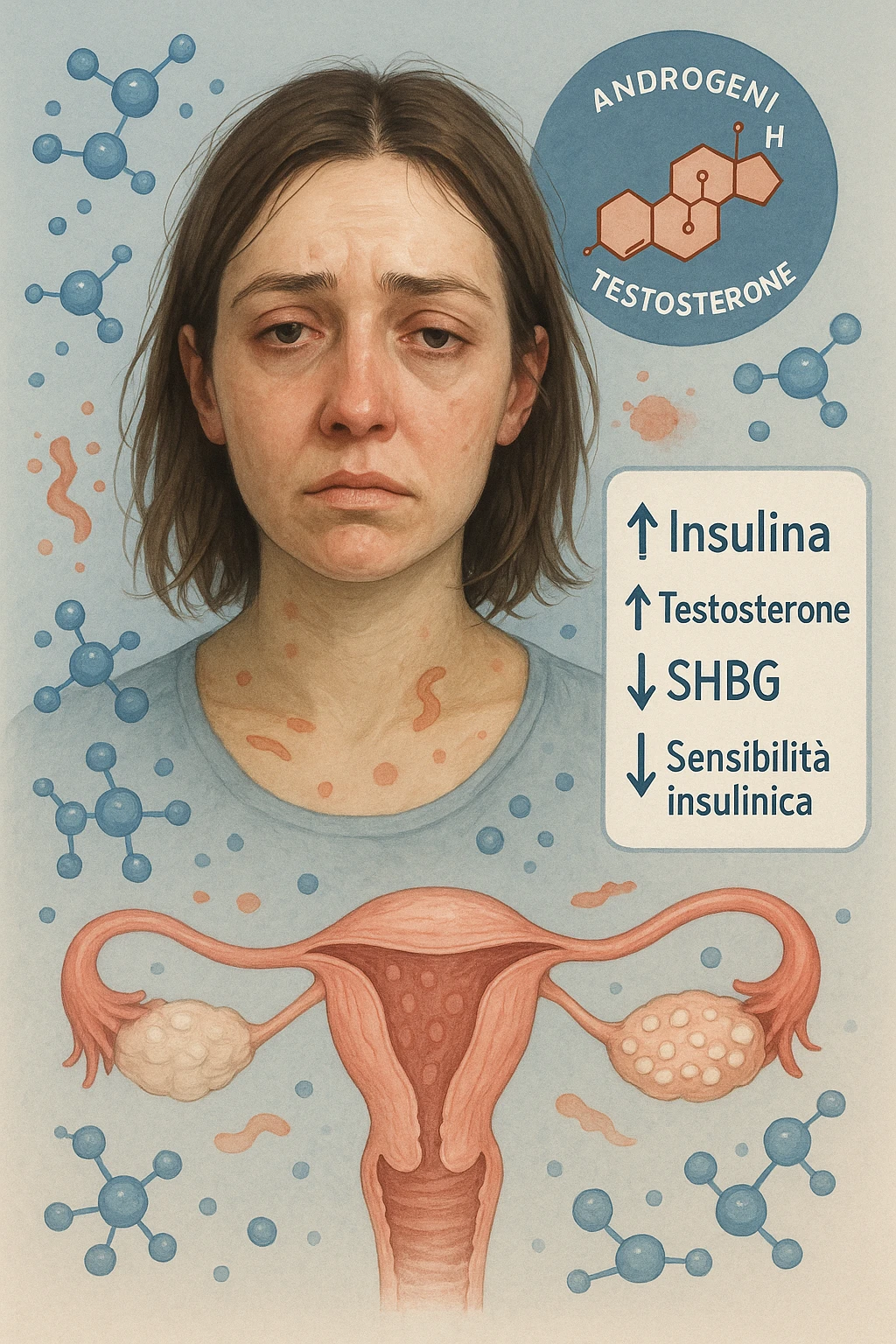Donna tra i 25 e i 35 anni in primo piano, con espressione affaticata. Intorno al suo corpo appaiono in modo stilizzato e simbolico squilibri ormonali: molecole di insulina in eccesso fluttuano attorno, androgeni (testosterone) evidenziati sopra la testa, segnali visivi di infiammazione cronica lieve. Sopra le ovaie (visibili in trasparenza) compaiono piccole cisti multiple. Accanto a lei, un diagramma stilizzato mostra: '↑ Insulina', '↑ Testosterone', '↓ SHBG', '↓ Sensibilità insulinica'. L’atmosfera è scientifica, educativa ma empatica. Stile realistico con elementi infografici fluttuanti e colori freddi ma puliti. emoji
