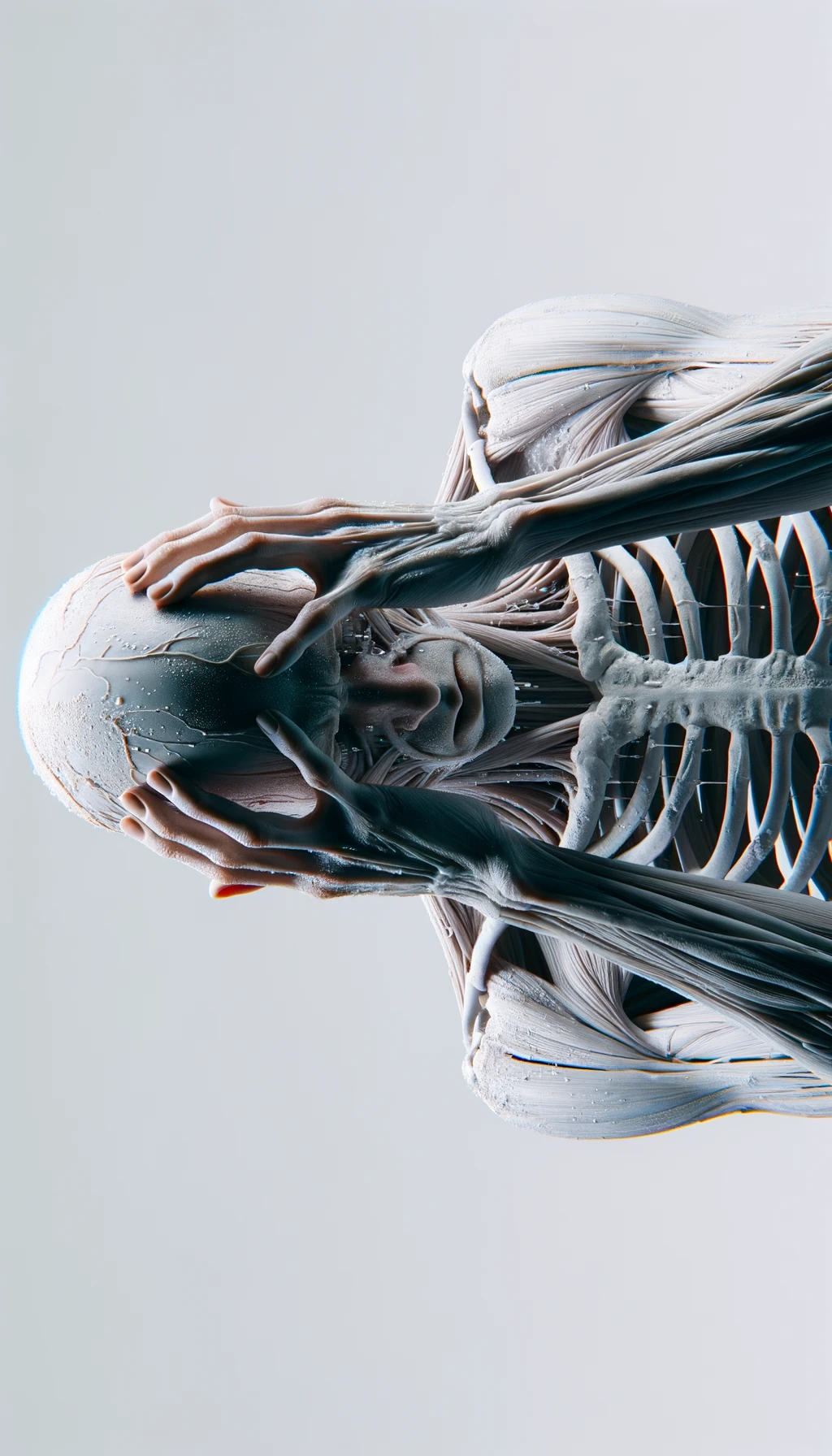 CORPO UMANO ANATOMICO REALISTICO DISPERATO, POSA FRONTALE,  SI TIENE LE MANI SULLA FRONTE E NON SA COSA FARE, SUDATO, IPERREALISTICO 4K, SFONDO BIANCO emoji