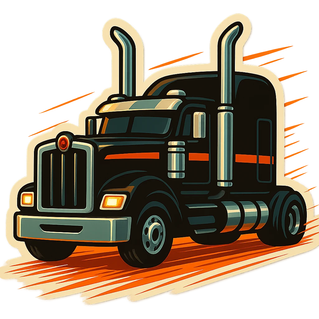 Black Kenworth W680 cartoon truck rolling down the road with exaggerated shiny chrome stacks, motion lines, and vibrant cartoon energy, dynamic and lively. emoji