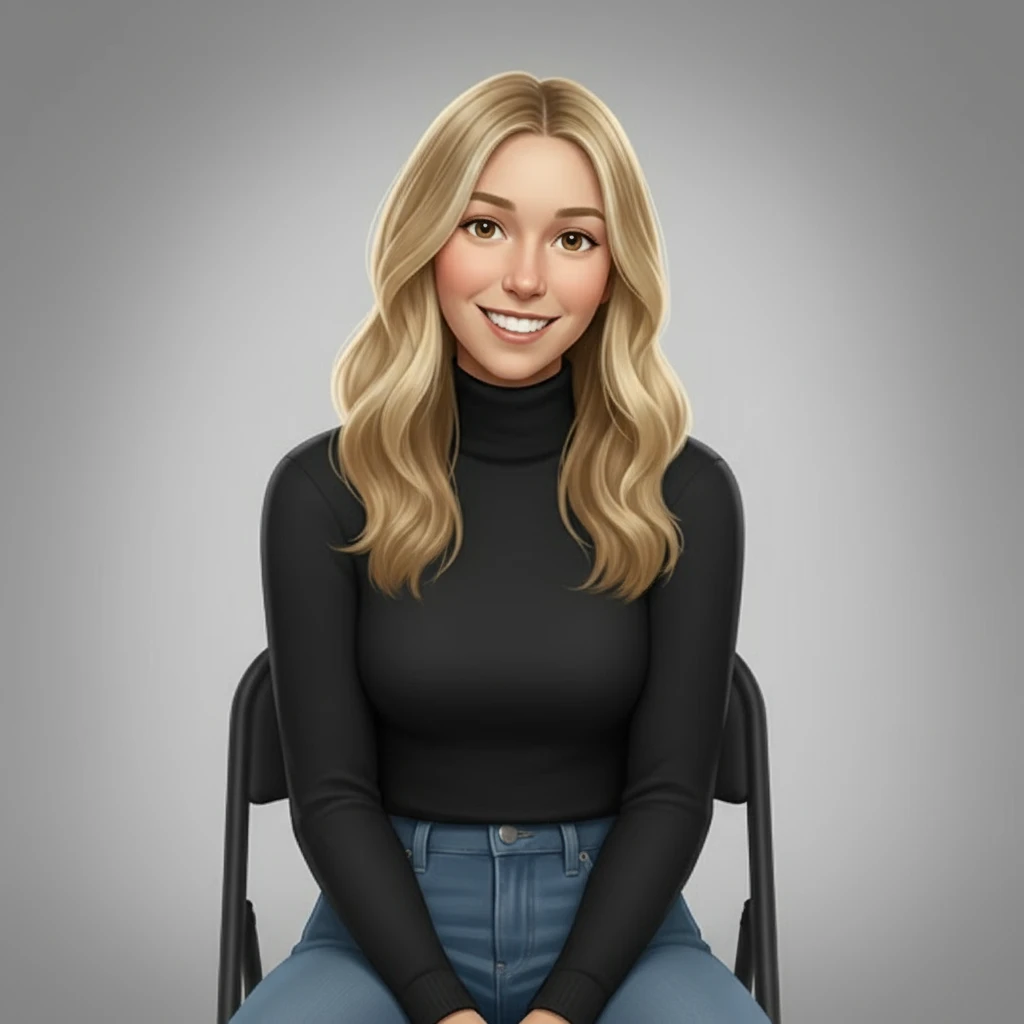 нарисуй эту девушку строго фас она сидит в водолазке и джинсах, без шапки  emoji