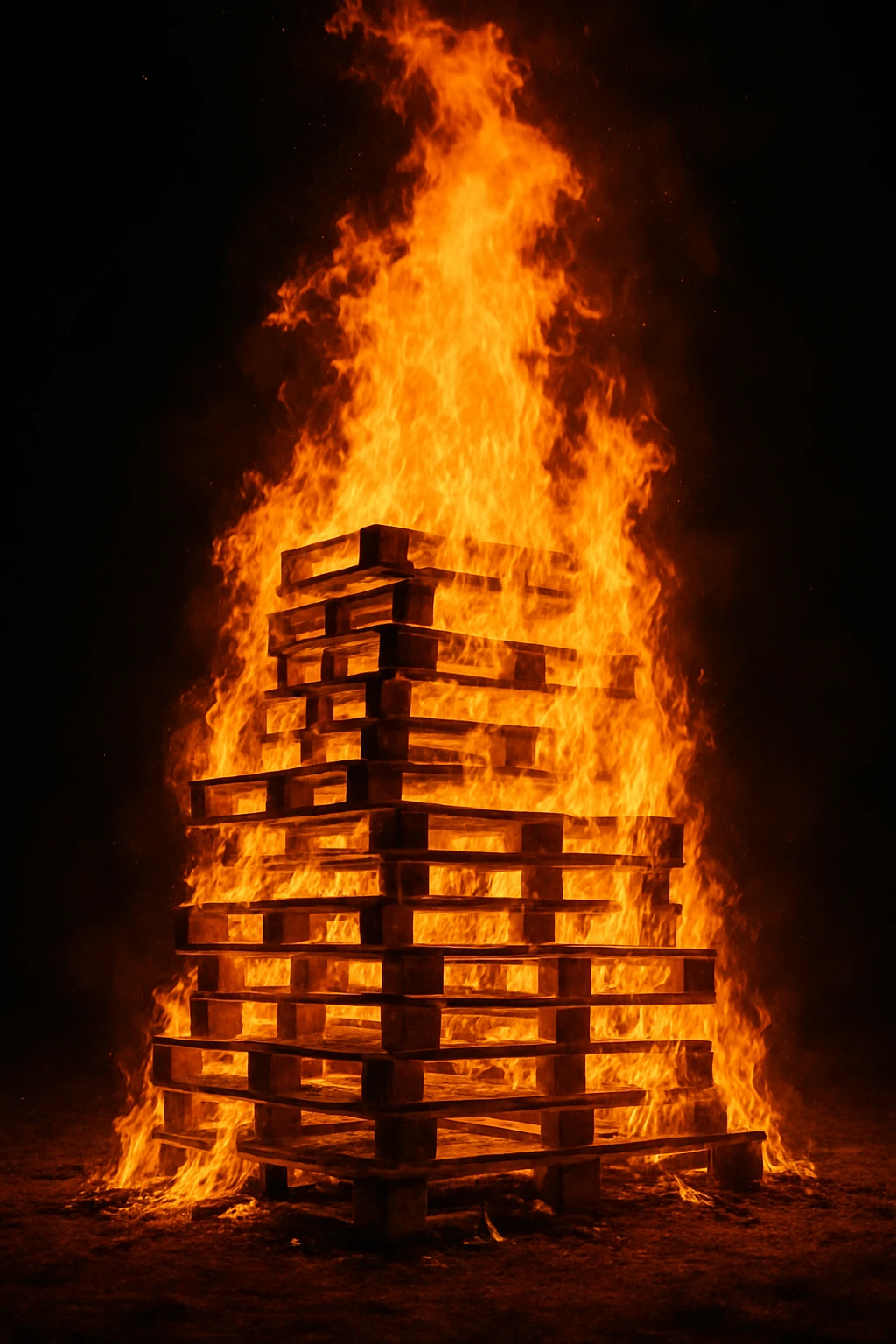 a burning stack of pallets forming a bonfire, intense flames, wooden slats visible, warm glow, outdoors emoji