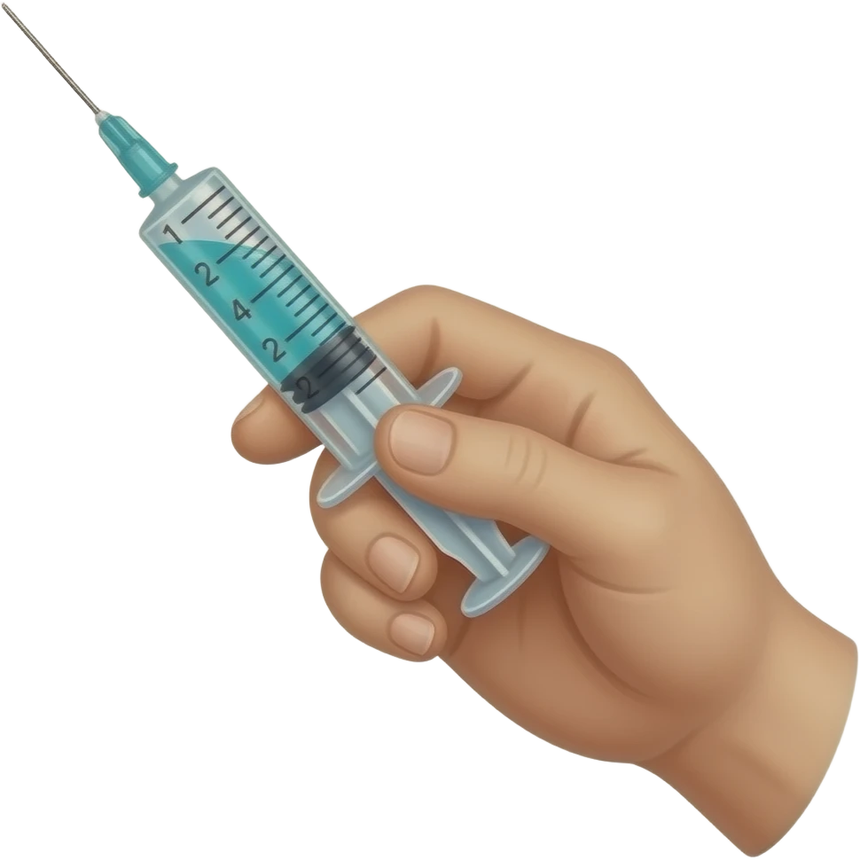 A dainty male hand holding a syringe with glowing neon-cyan-blue liquid inside emoji
