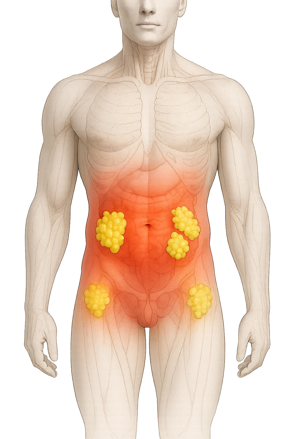 corpo umano anatomico con addome e fianchi segnati in rosso, grappoli di cellule adipose gialle su fianchi e addome emoji