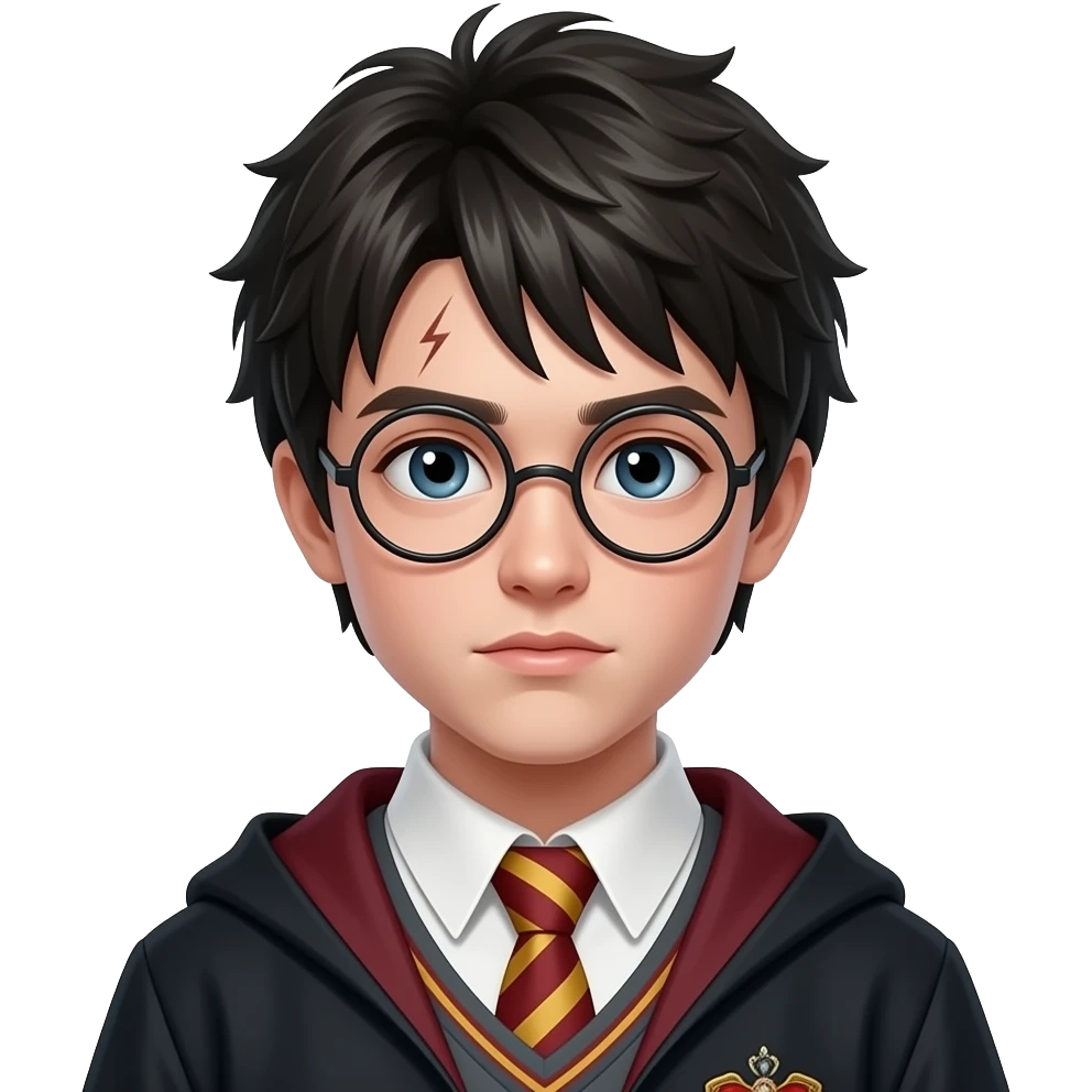 teenage wizard boy, 18-19 years old, messy uneven black hair, round glasses, thin lightning-shaped scar on forehead, serious focused expression, wearing dark school robe and tie, gold and red colors, head-and-shoulders portrait, centered, 3D glossy emoji style, clean background emoji