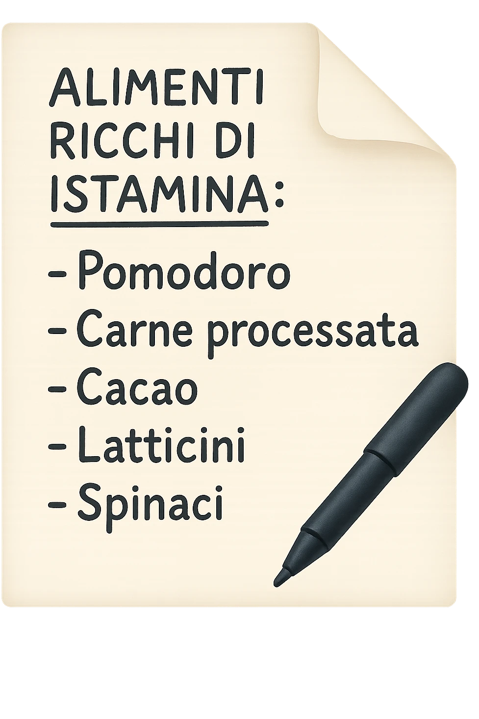 emoji di un foglio di carta con lista di alimenti ricchi di istamina scritti a penna:
ALIMENTI RICCHI DI ISTAMINA:
- Pomodoro
- Carne processata
- Cacao
- Latticini
- Spinaci emoji