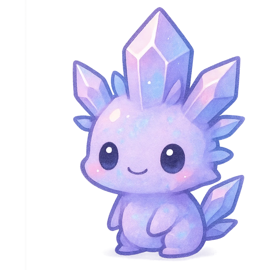chibi kawaii style crystal sprite creature, pastel blend of purple, blue, and pink colors, cute and small emoji