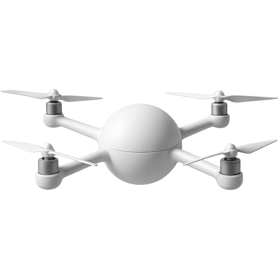 streamlined white drone with a spherical main body, arms and propellers connecting directly to the ball, no logo emoji
