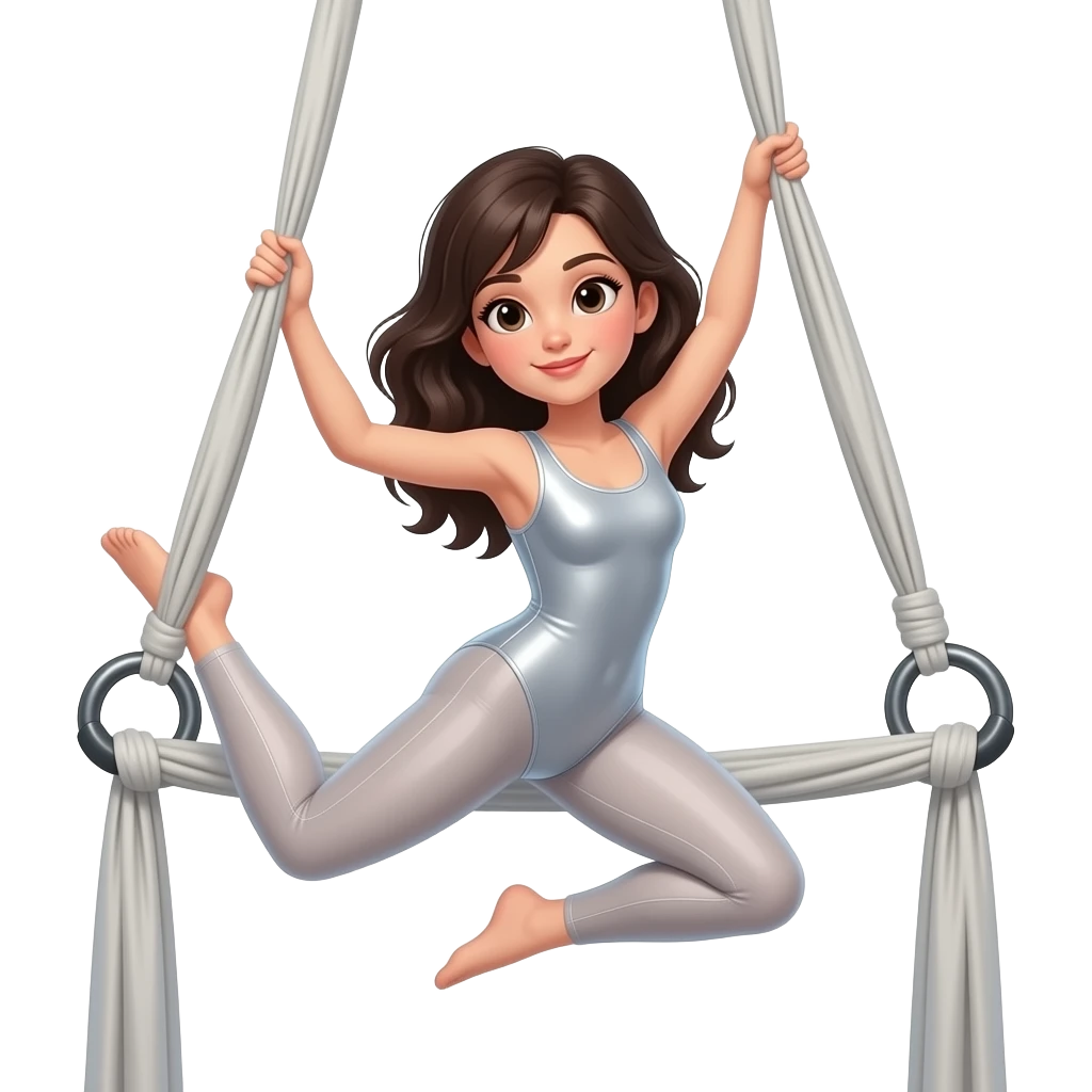 crea un emoji di una ragazza mora con la pelle chiara che fa danza aerea sui tessuti aerei con una tuta stretta emoji