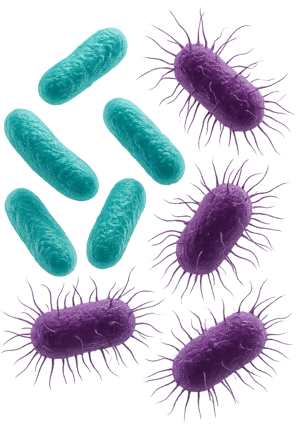 5 BATTERI BUONI E 5 BATTERI CATTIVI FLUTTUANO IN ARIA, I BATTERI BUONI FALLI TURCHESI, I BATTERI CATTIVI FALLI VIOLA, IPERREALISTICO 4K, NON DISEGNATO emoji