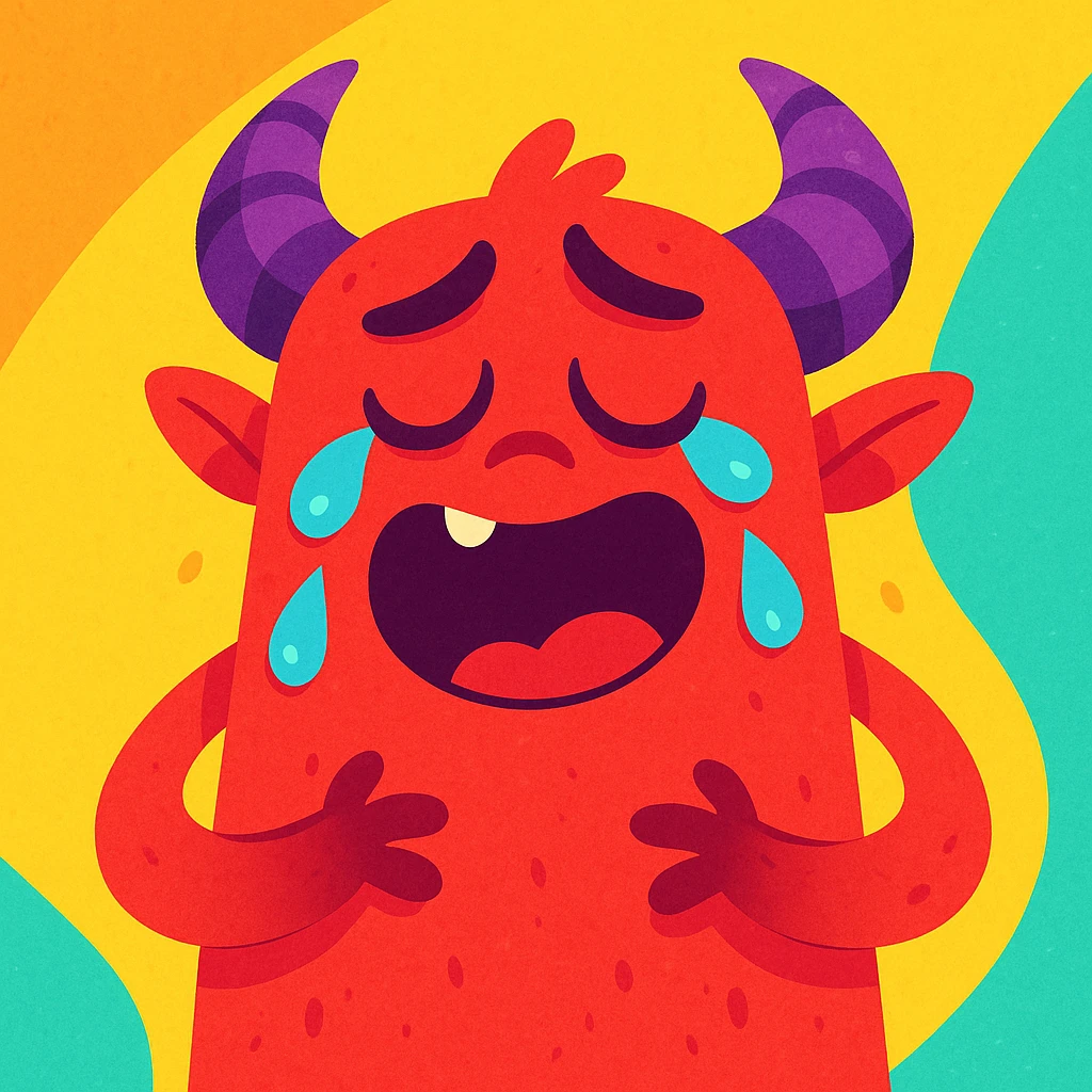 a sad but happy red monster with purple horns, fun and expressive style, vibrant toon illustration emoji