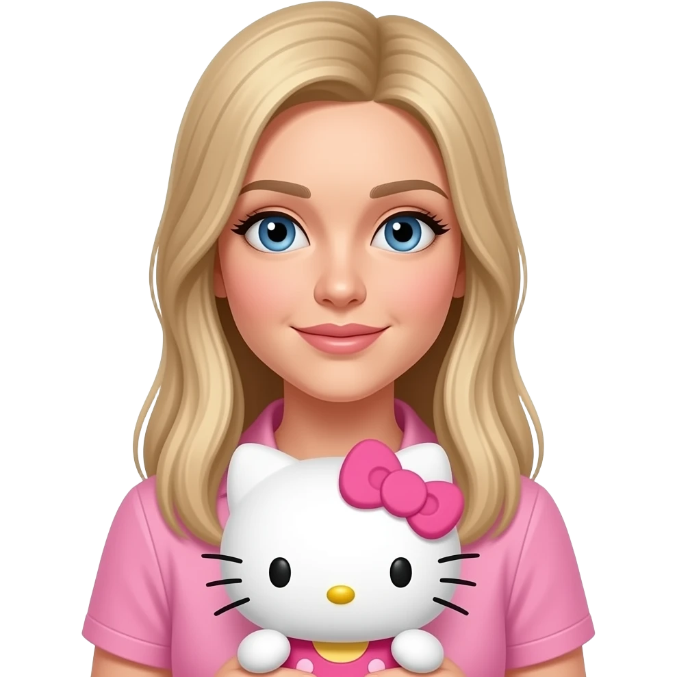 Woman with long straight blonde  hair, blue eyes, light to medium complexion, in a pink shirt, holding a stuffed hello kitty emoji