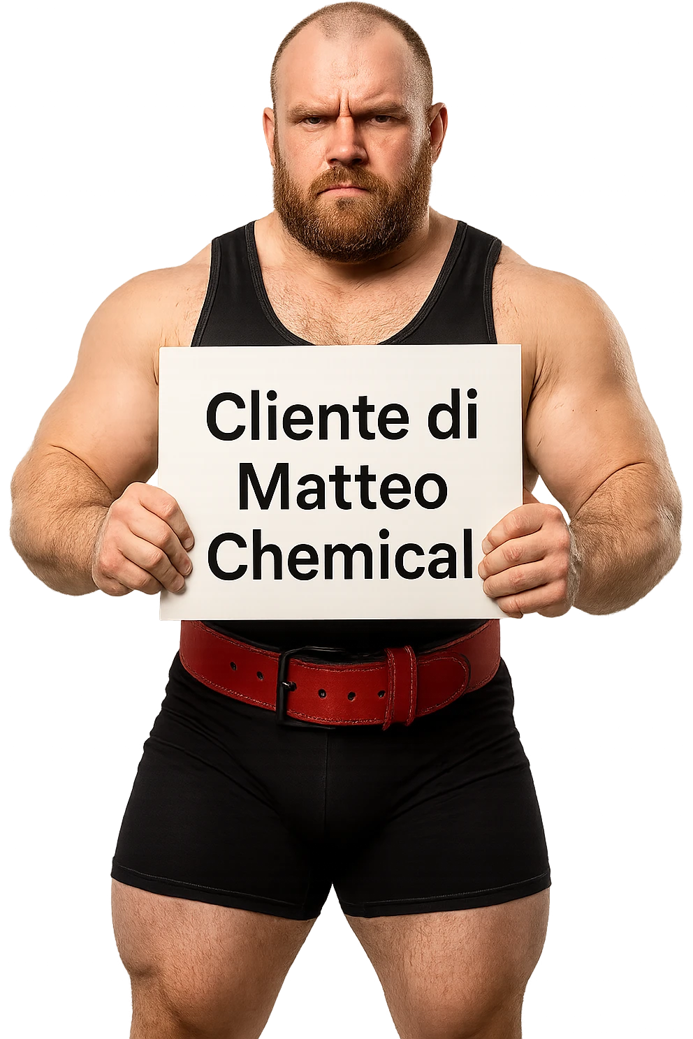 Powerlifter con in mano una targa o un foglio con scritto "Cliente di Matteo Chemical" emoji