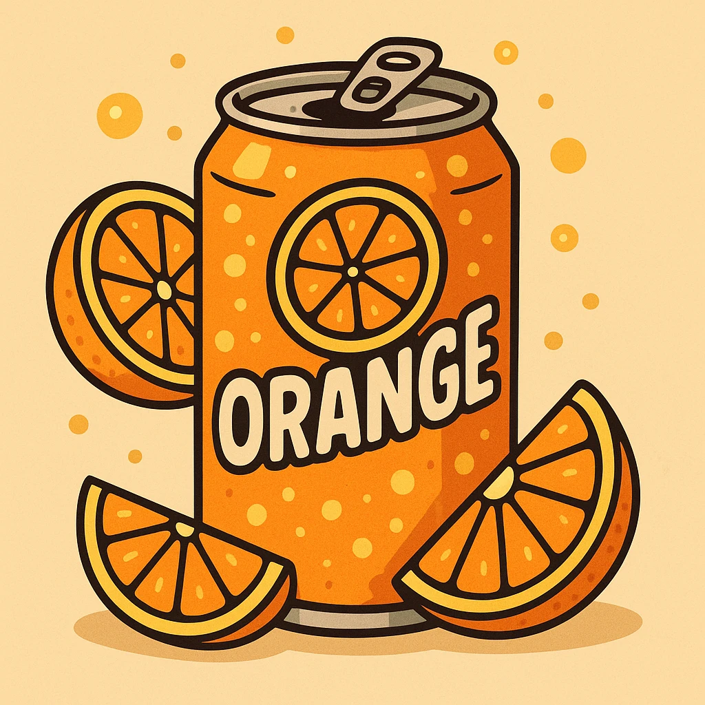 cartoon style illustration of a can of orange soda, bright and fizzy, with orange slices emoji