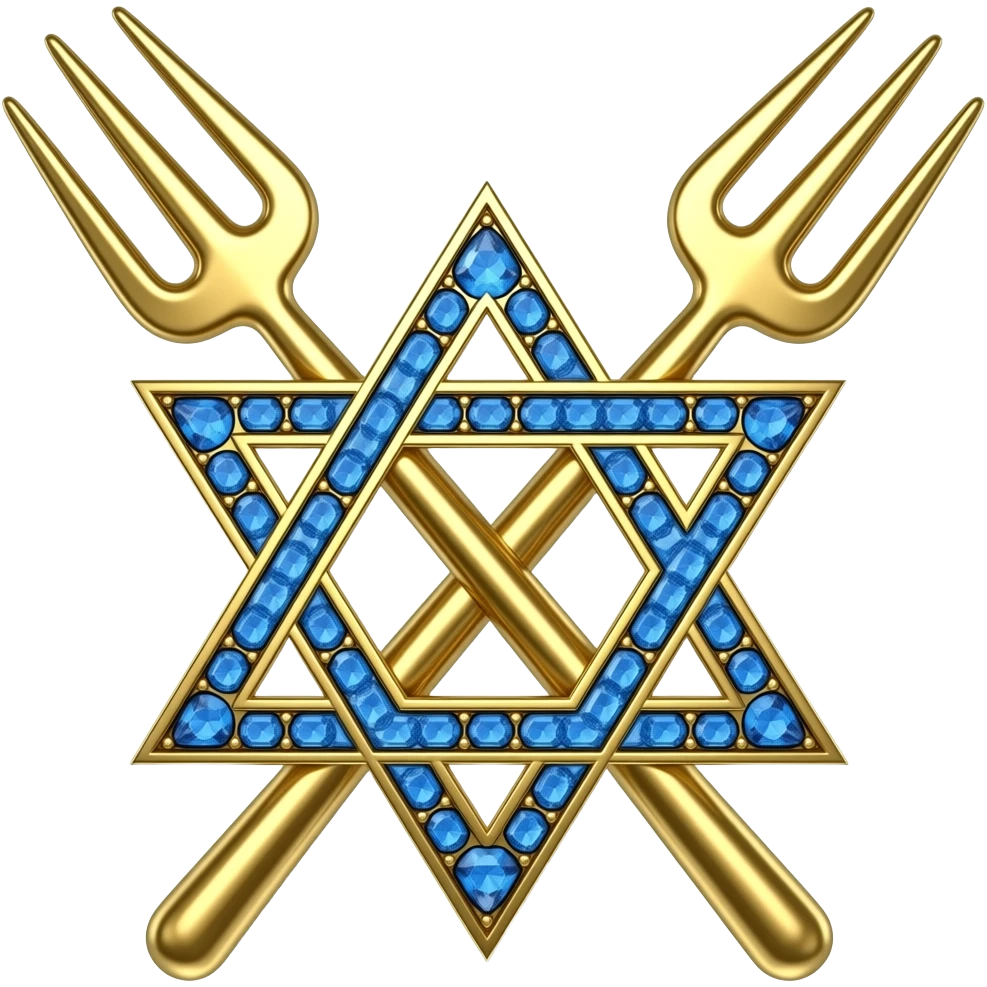 A gold six-pointed Star of David encrusted with royal blue stones with two gold pitchforks behind it crossing one another like an “x” emoji