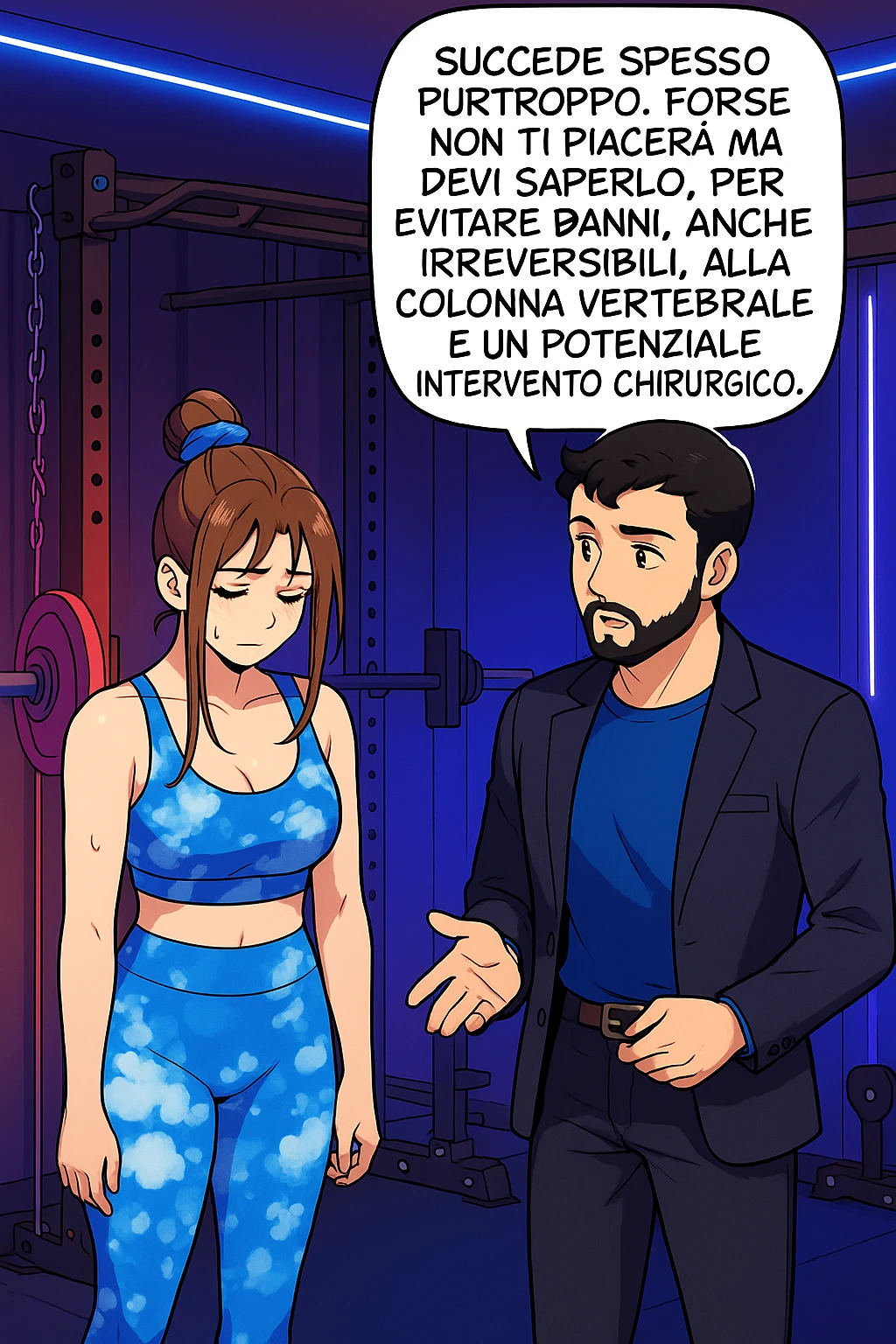 fai questa immagine in versione fumetto/manga/webtoon a colori, il manga mostra l'uomo che risponde alla donne:
Succede spesso purtroppo. 
Forse non ti piacerà ma devi saperlo, per evitare danni, anche irreversibili, alla colonna vertebrale e un potenziale intervento chirurgico. emoji