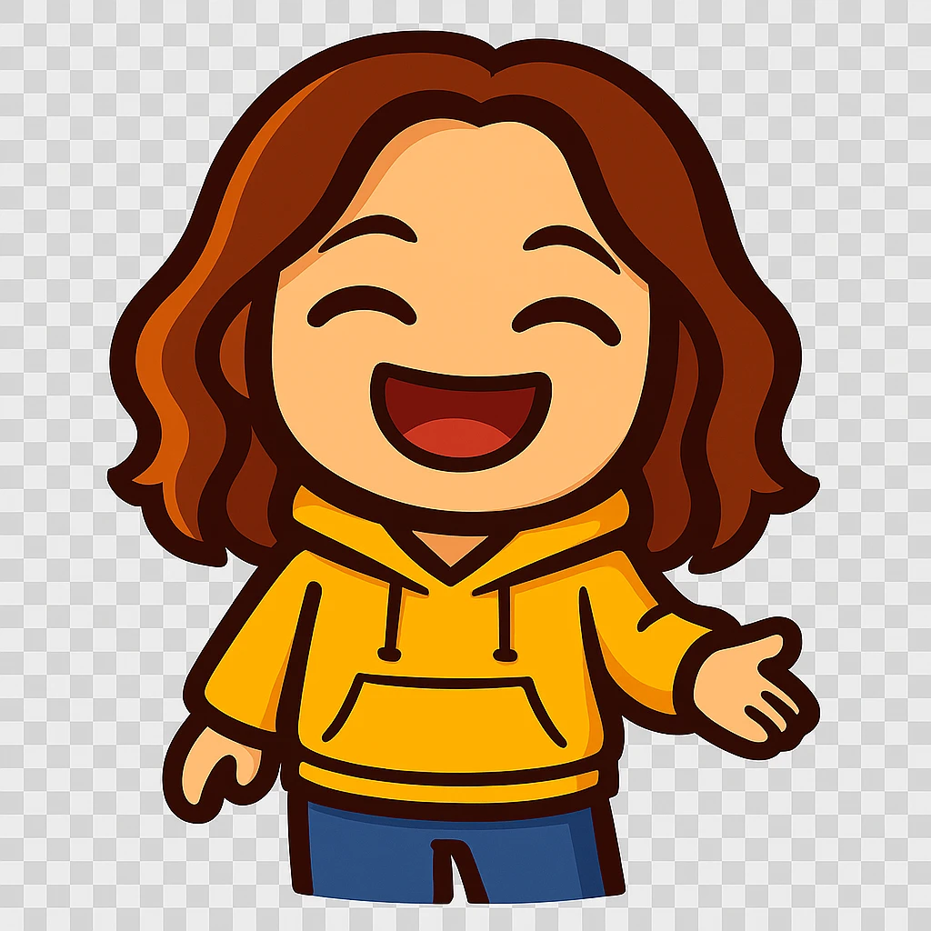 Update this chibi emote to remove the headband, sparkles, and wand. Change the outfit to a yellow hoodie and jeans, laughing with eyes closed emoji