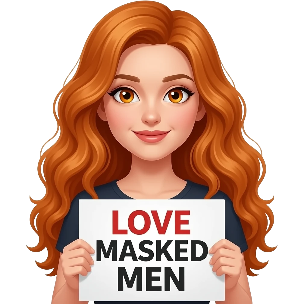 sexy girl with long wavy ginger hair and ginger eyes wearing a top is holding a LOVE MASKED MEN sign emoji