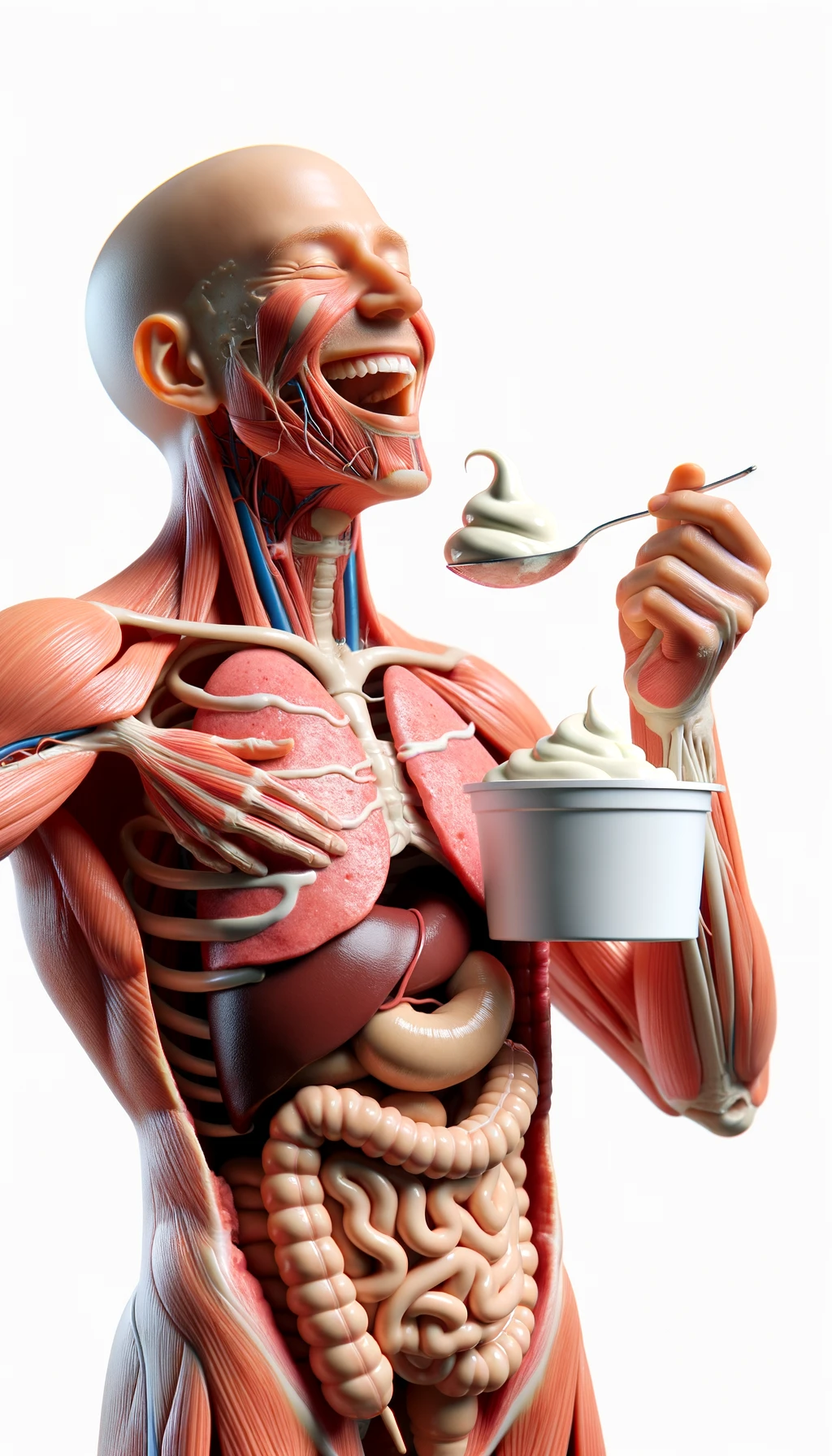 corpo umano anatomico con intestino in evidenza mentre mangia uno yogurt con espressione felice in volto, iperrealistico 4k, isolato su sfondo bianco emoji
