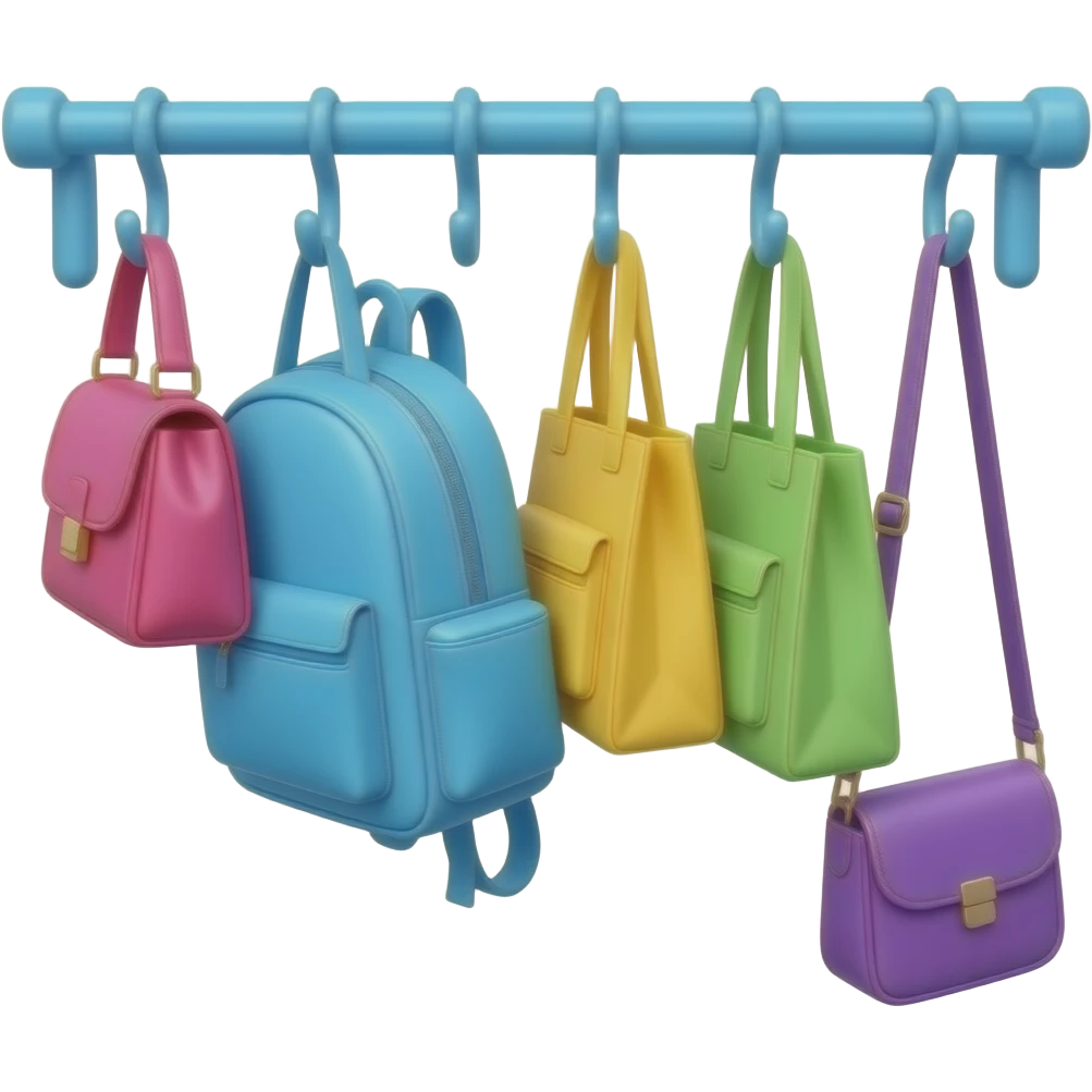 pink, blue, yellow, green, purple bag and blue vertical standing coat hanger pole with multiple hooks , each level holding different bags such as handbags, backpacks, tote bags, and crossbody bags, inspired by Barbie colour palette emoji