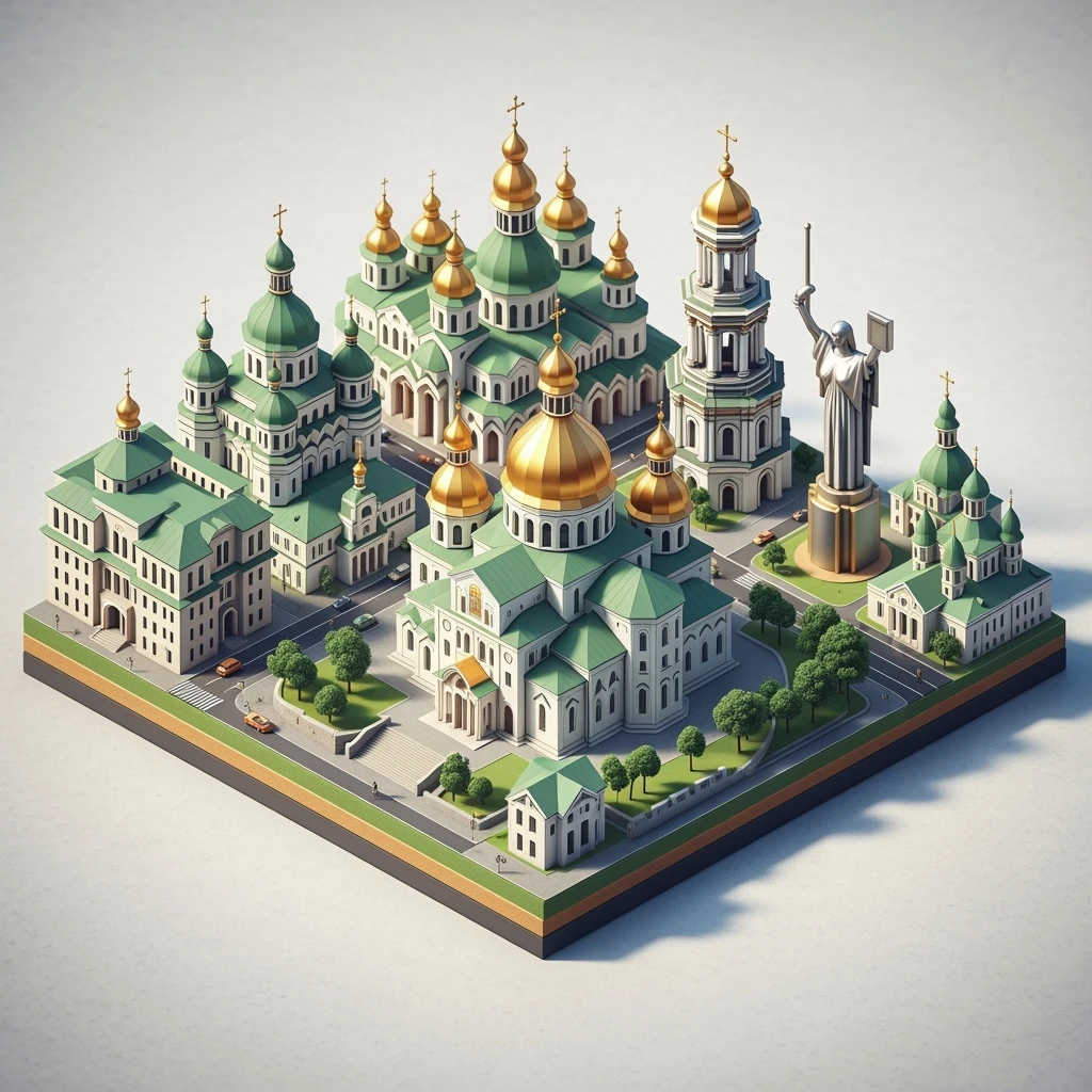 Isometric illustration of Kyiv, featuring Saint Sophia Cathedral with golden domes, balanced between stylized and realistic, 3D miniature effect, transparent background. emoji