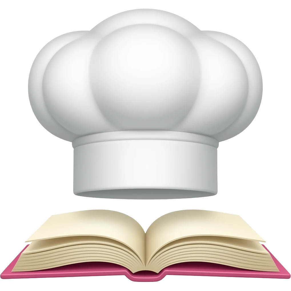 Chapeu de confeiteiro branco offwhite, junto com livro de receitas aberto cor de rosa. Paginas beges quase branco Tipo, chapéu "encima" do livro centralizado emoji