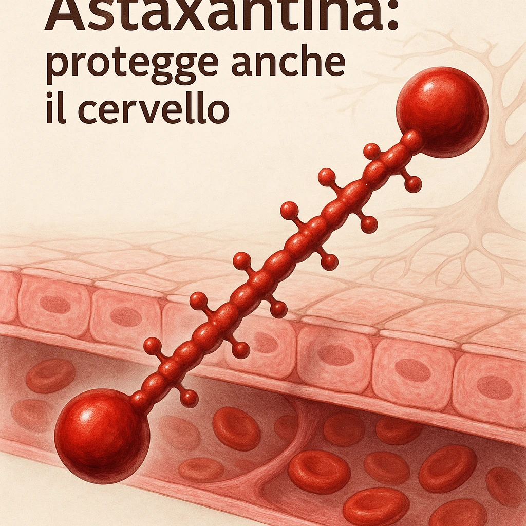 hyper realistic red astaxanthin molecule crossing a stylized representation of the blood-brain barrier, scientific atmosphere, light background, with Italian text 'Astaxantina: protegge anche il cervello' emoji