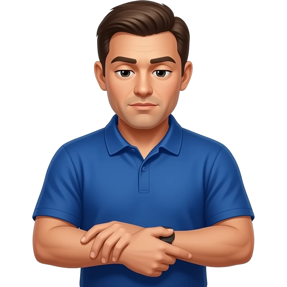 football coach in a blue shirt looking down at his forearm touching his forearm emoji