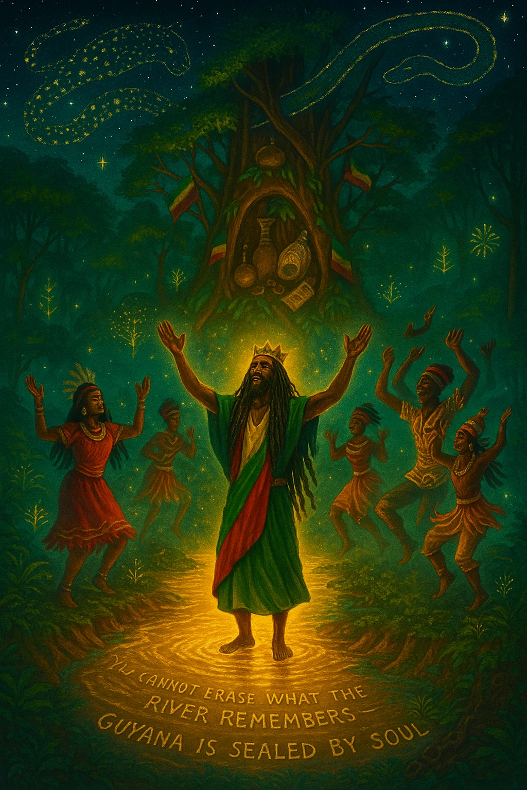 A vivid, spiritual illustration of Guyana reborn as a land of divine rhythm, ancestral return, and natural royalty. In the heart of the image flows the mighty Essequibo River, glowing with golden energy — a symbol of memory, healing, and spiritual current. Surrounding the river are lush, enchanted rainforests pulsing with hidden drums, glowing symbols, and jungle spirits made of light.

At the center, a crowned I-tal figure (part Rasta, part ancestral guardian) stands barefoot in the river, arms raised, channeling the rhythm of the land into the sky. Around them: a ring of spirit dancers echoing maroon heritage, Amerindian wisdom, and African soulfire — dressed in ceremonial garb, dancing in sync with the heartbeat of the earth.

Above, the stars form the shape of a jaguar and a giant serpent intertwined — the twin protectors of Guyana. Behind them, a mighty temple-tree rises from the jungle canopy, its branches holding sacred items: a calabash, a broken colonial chain, a conch shell, and a scroll titled “Undivided.”

Sacred text etched into the riverbank reads: “You cannot erase what the river remembers — Guyana is sealed by soul.”

The colors should reflect spiritual awakening: deep emerald, fire-gold, sunrise orange, and night-sky indigo. Mist, ancestral drums, and glowing Rasta flags should blend into the atmosphere — making this a vision of both resistance and rebirth. emoji