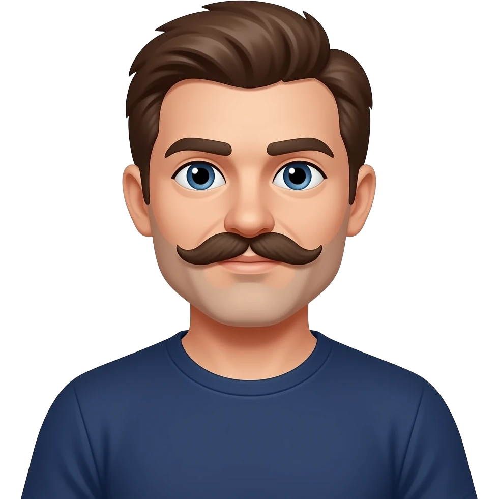 A character with a thick mustache, brown hair, navy blue t-shirt. emoji